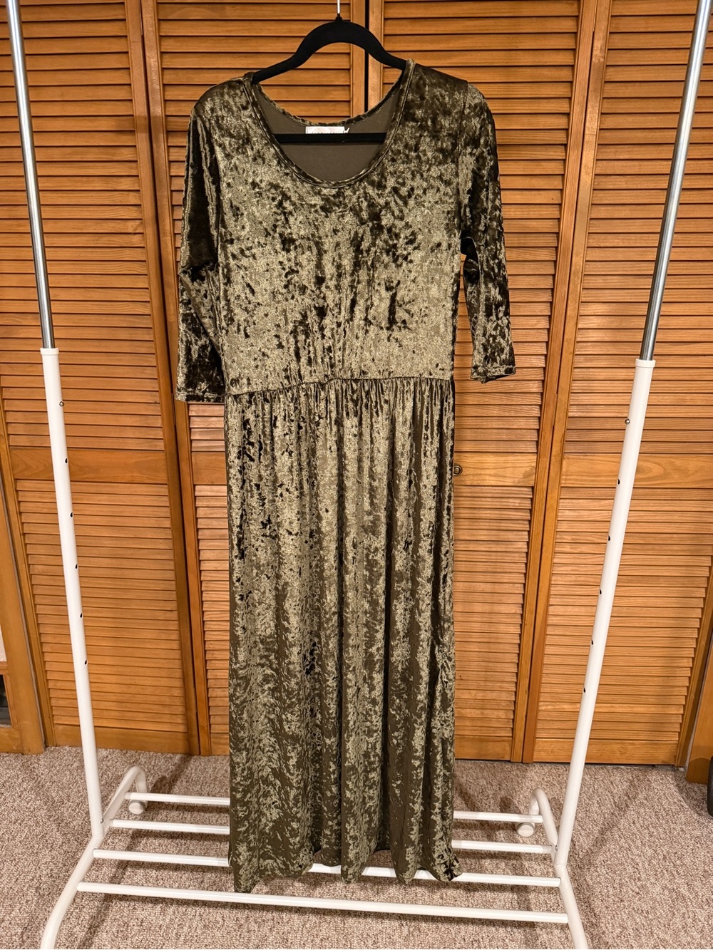 Crushed Velvet Olive Maxi Dress with Scoop Neck Long Sleeve Velvet Whimsigoth